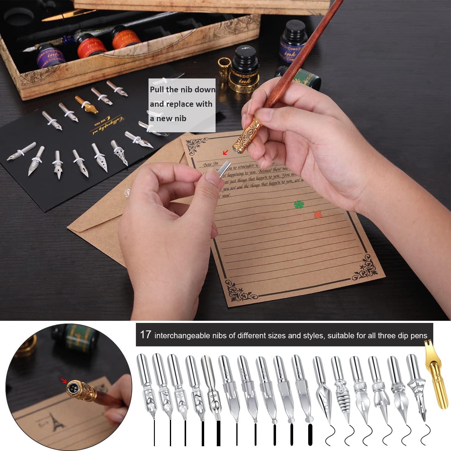 Vintage Pheasant Quill Pen Ink Set,Feather Dip Pen Set with Classic Spiral Bound Leather Notebook,Beginners Glass Dip Pen Wood Calligraphy Pen Craft Decoration Pen,Best Gift Kit for Writing,Drawing Pack of 2