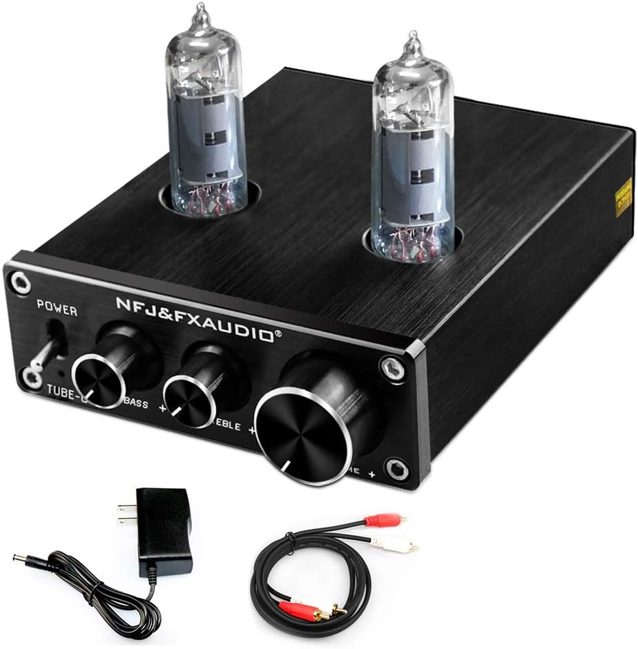 FX-AUDIO TUBE-03 Tube Preamplifier 6K4 Tube Hi-Fi Tube Preamp with Bass & Treble Control Home Theater Stereo Audio Preamplifier DC 12V (Silver) Pack of 2