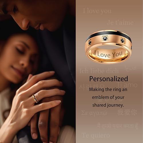 LerchPhi Matching 6mm & 8mm Tungsten Carbide Bands, His and Hers Wedding Ring Sets, Clear and Black CZ Stones Pave, Custom Engraveable