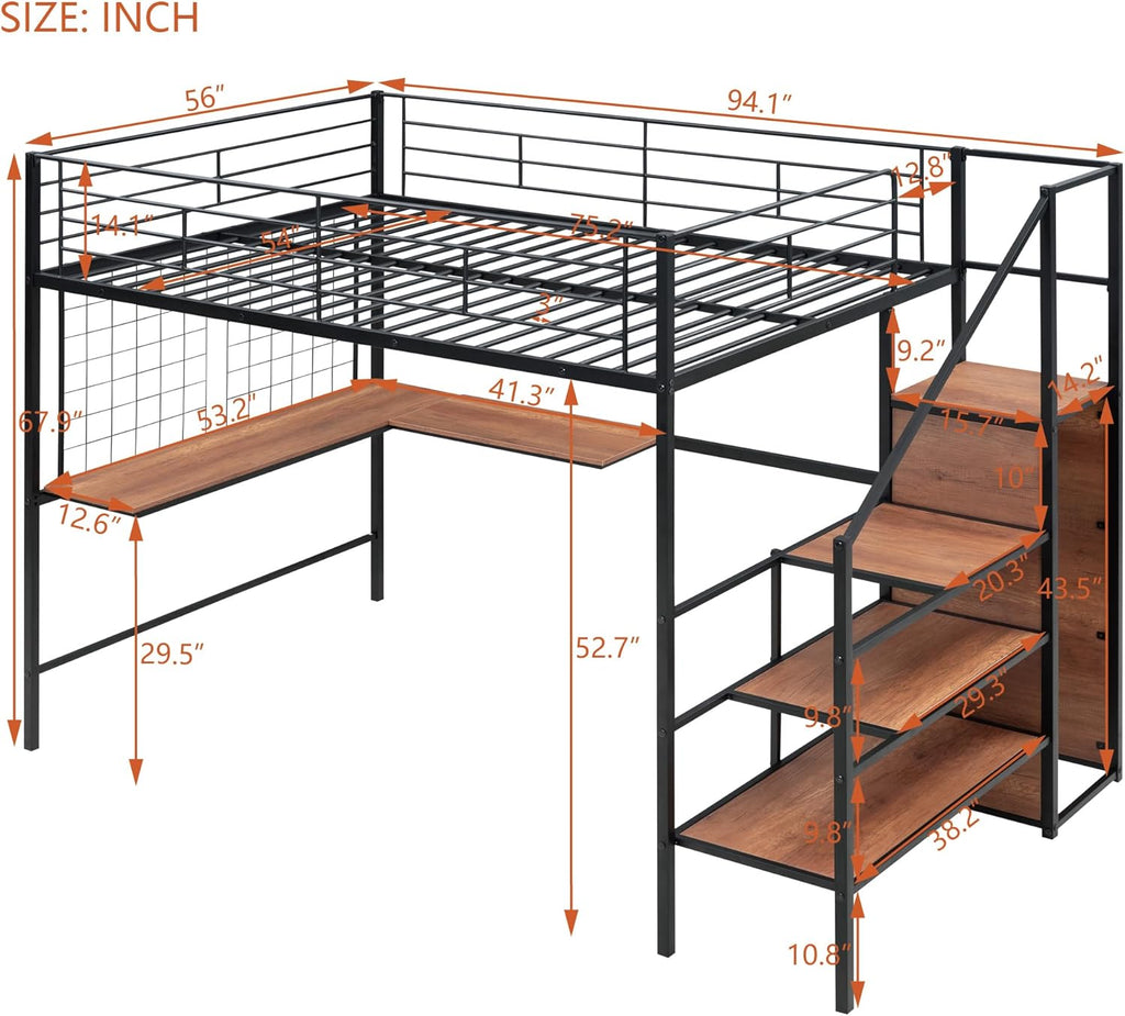 Harper & Bright Designs Metal Full Size Loft Bed with Desk and and Metal Grid, Loft Bed Full with Storage Stairs and Wardrobe,Space Saving Loft Bed with Desk Underneath for Kids Teens, Black