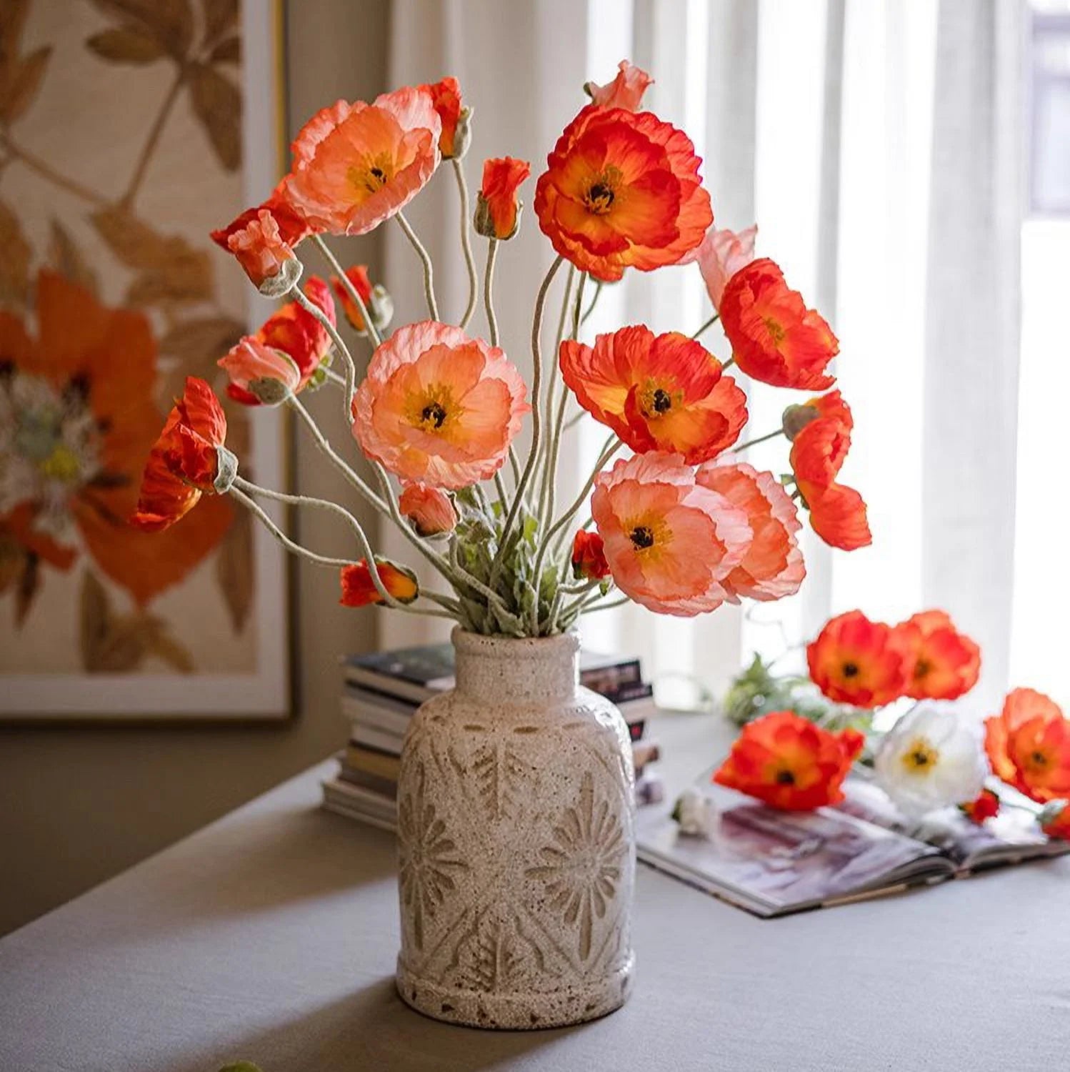 Faux Large Silk Poppy Flower Stem 41" Tall