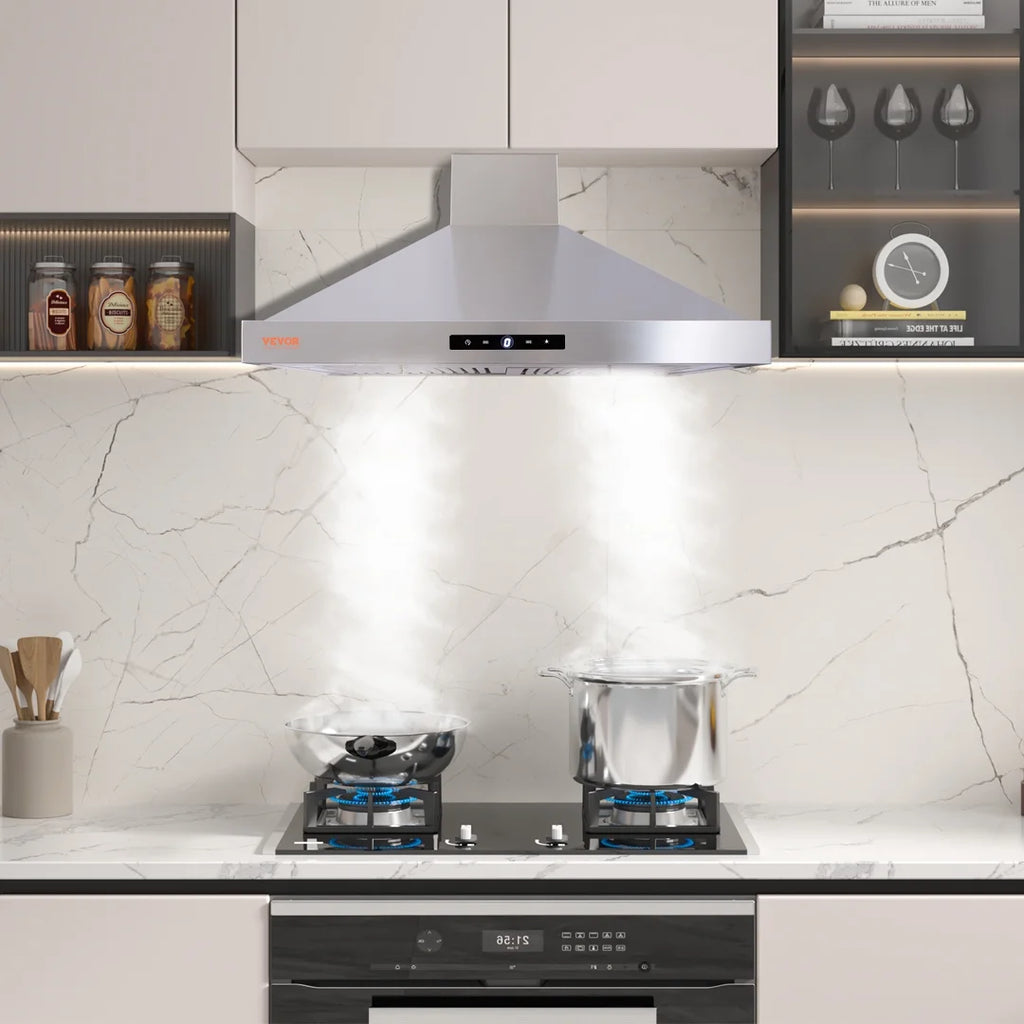 BENTISM 30" 350cfm 3 Speed Wall Mount Range Hood Ductless Kitchen Vent Stainless Steel 6" Round Vent