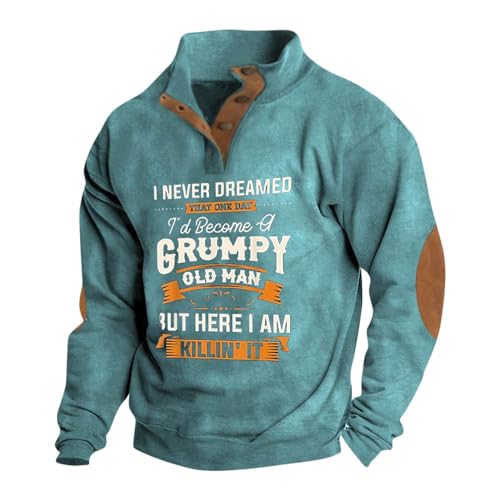 Men's Outdoor Casual Stand Collar Sweatshirt Button Up Casual Loose Single Breasted Sweaters with Elbow Patches