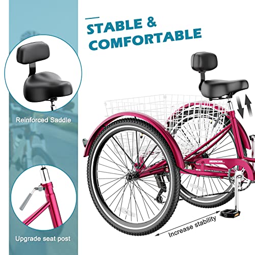 Adult Tricycles, 7 Speed Adult Trikes 20/24/26 inch 3 Wheel Bikes, Cruise Bike with Basket for Seniors, Women, Men for Recreation, Shopping, Exercise, Multiple Colors