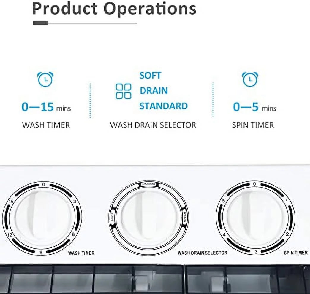 KUPPET Washing Machine, 21Ibs Portable Mini Compact Twin Tub Washer Spin Dryer, Ideal for Dorms, Apartments, RVs, Camping etc, White & Grey