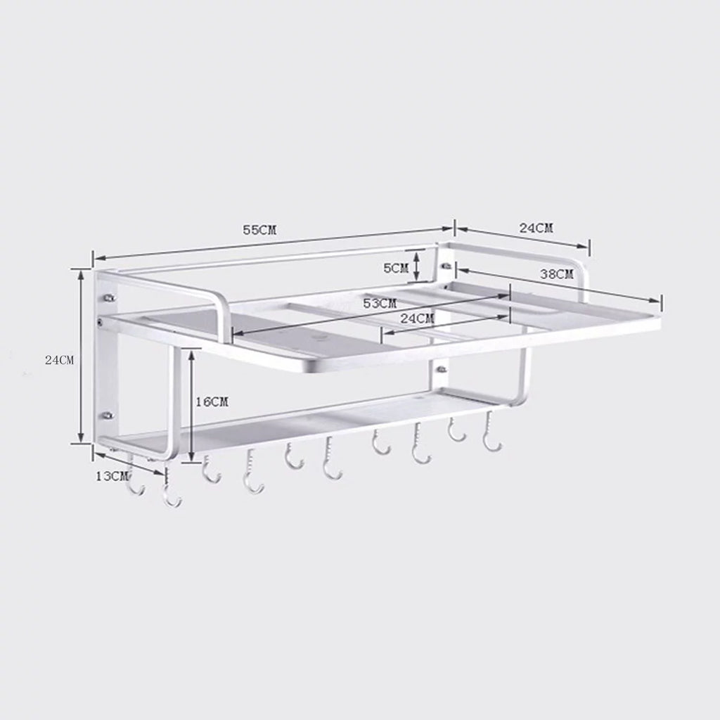 Ninetonine Alumimum Microwave Oven Wall Mount Double Deck Shelf With Hooks