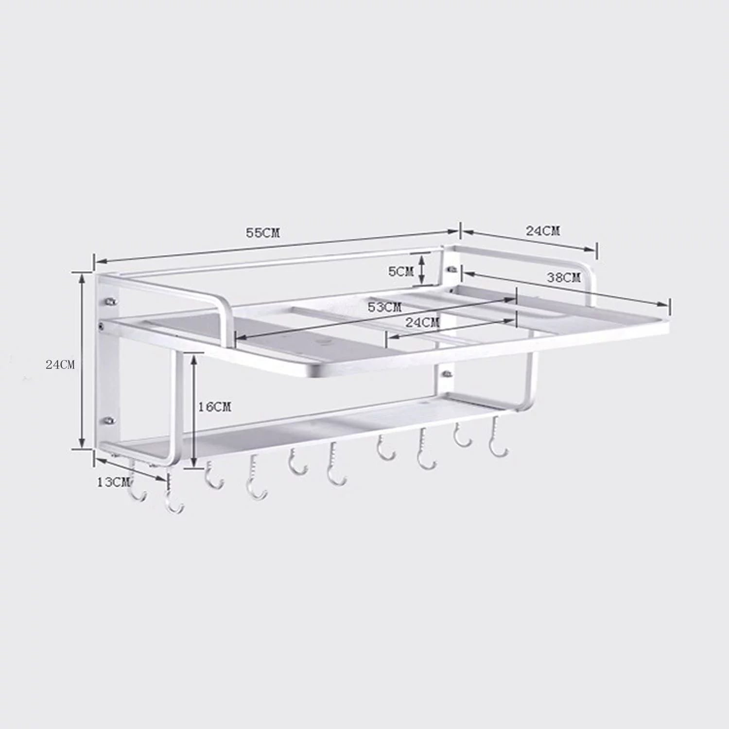 Ninetonine Alumimum Microwave Oven Wall Mount Double Deck Shelf With Hooks