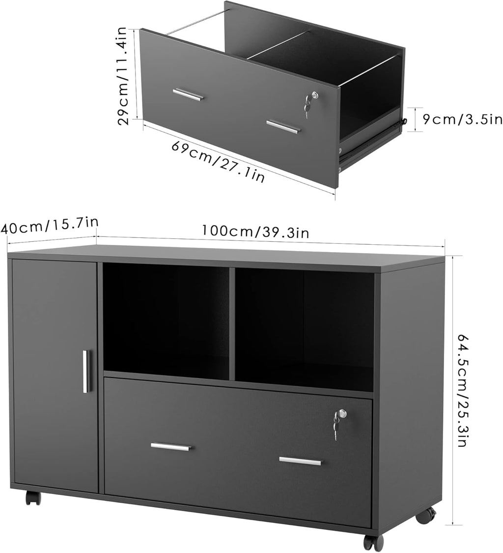 File Cabinet with Drawers and Lock, Wood Lateral Filing Cabinet, Rolling Printer Stand with Open Shelves for Home Office, Black