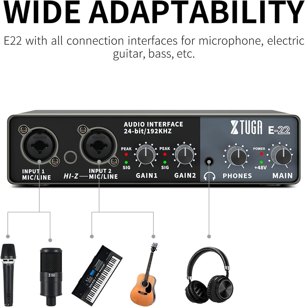 XTUGA E22 2i2 USB Audio Interface with XLR Mic Preamplifier 192kHz True Stereo for Pro Tools/Ableton Live Lite/Reaper and Other DAW Recording Software(Driver Free Installation) Pack of 2