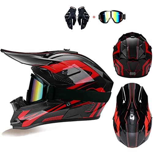 Adult Off-Road Mountain Full Face Helmet, Motocross Men's Women's ATV Helmet, Street Dirt Bike Racing Crash Helmet with Gloves+Goggles DOT Certified Lightweight Quick Buckle Helmet