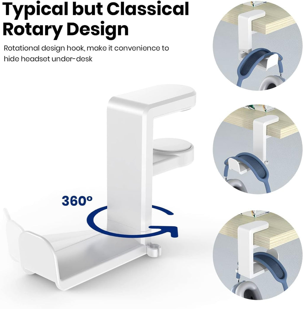 Rotating Headphone Stand - EURPMASK PC Gaming Headset Stand, Adjustable Clamp-on Headphone Holder, Headphone Hanger Hook Under Desk with 360 Degree Swivel&Cable Clip Organizer - White+White