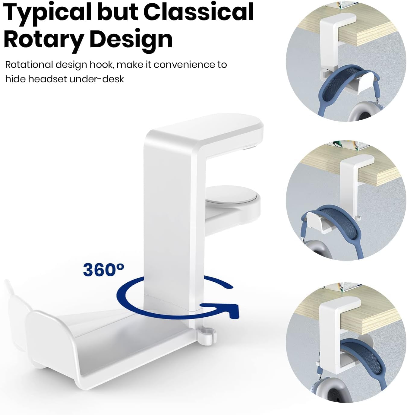 Rotating Headphone Stand - EURPMASK PC Gaming Headset Stand, Adjustable Clamp-on Headphone Holder, Headphone Hanger Hook Under Desk with 360 Degree Swivel&Cable Clip Organizer - White+White