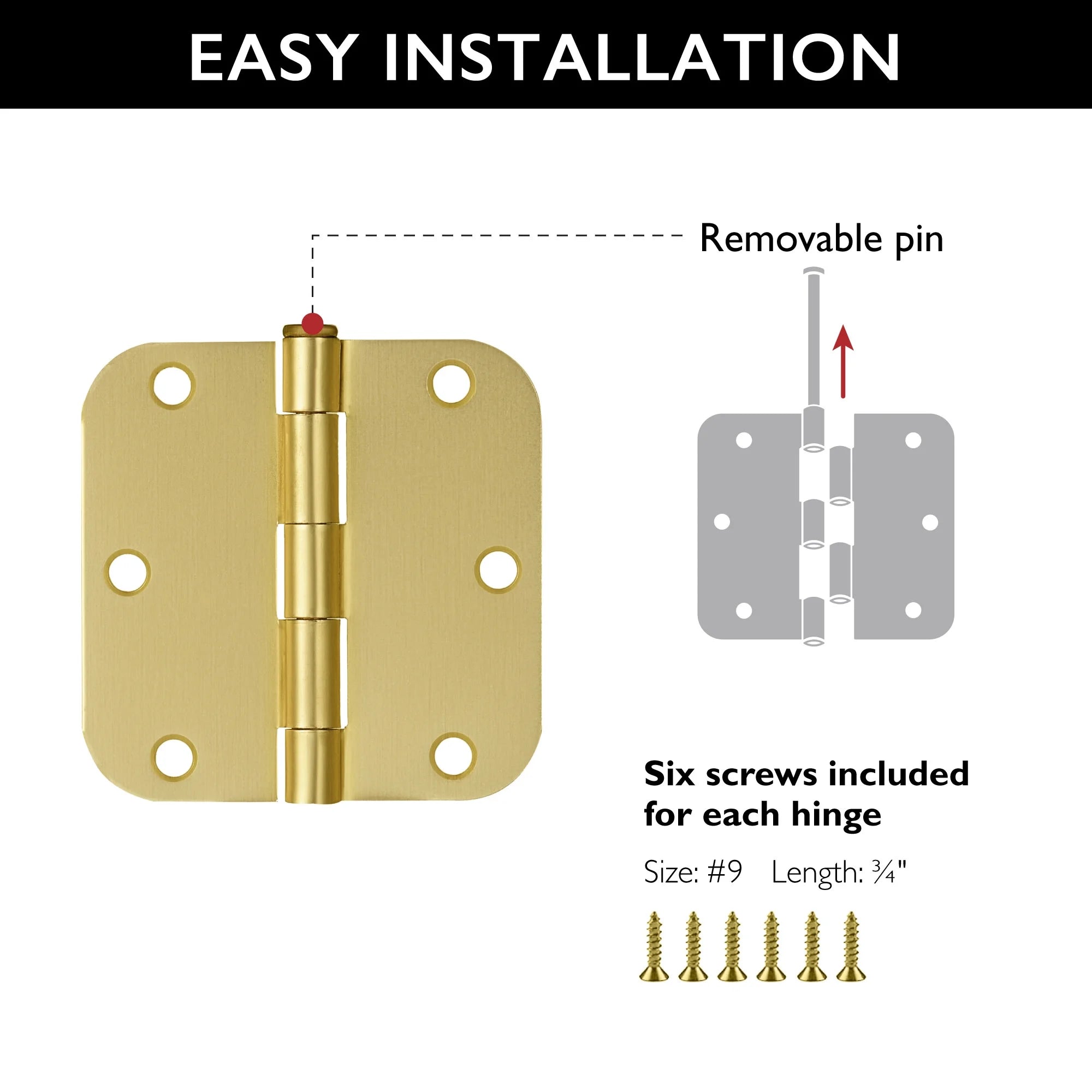 Door Hinges for Interior Doors 12-Pack 3.5-inch x 3.5-inch – Rounded 5/8-inch Radius Steel Door Hinge – Satin Brass – Fits Standard Doors – Design House 189795