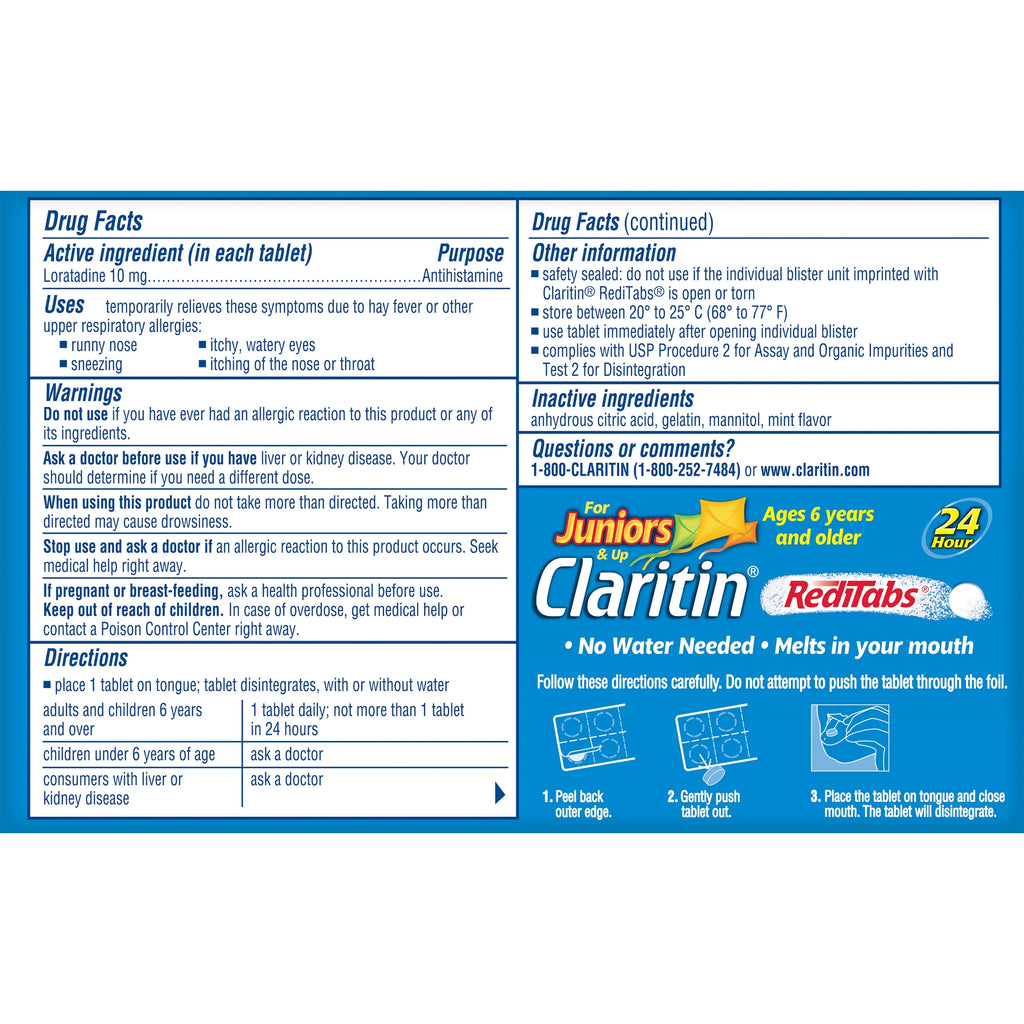 Claritin Juniors RediTabs, 24 Hour Non-Drowsy Allergy Medicine, 10 mg, 10 Ct