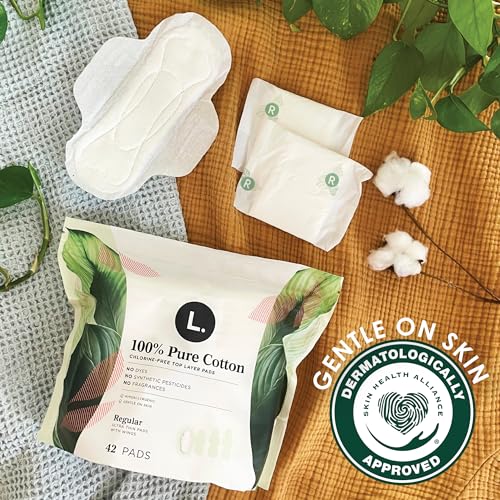 L. Pure Cotton Topsheet Pads for Women, Regular Absorbency, Ultra Thin Pads with Wings, Unscented menstrual pads, 56 Count (Packaging May Vary)