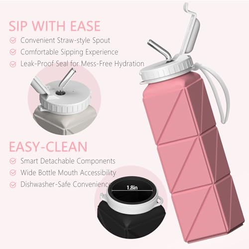 BEAUTAIL Collapsible Water Bottles, Silicone Foldable Portable Water Bottle 610ml, Lightweight Reusable Leakproof for Travel Camping Hiking Cycling Yoga Sports Outdoor