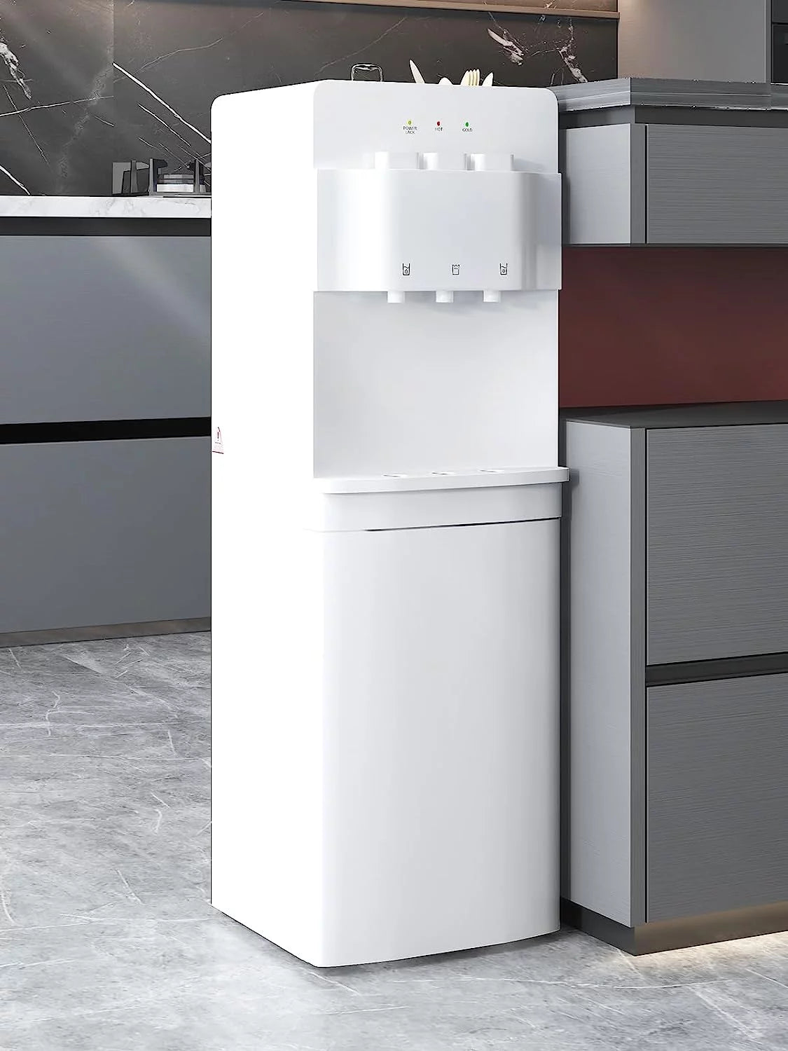 Muhub Cold & Hot Water Cooler Dispenser, White Bottom Loading Water Cooler Dispenser, Holds 3 or 5 Gallon Bottle, Anti-Scalding Design and Storage Cabinet, Child Safety Lock for Home, Office Use