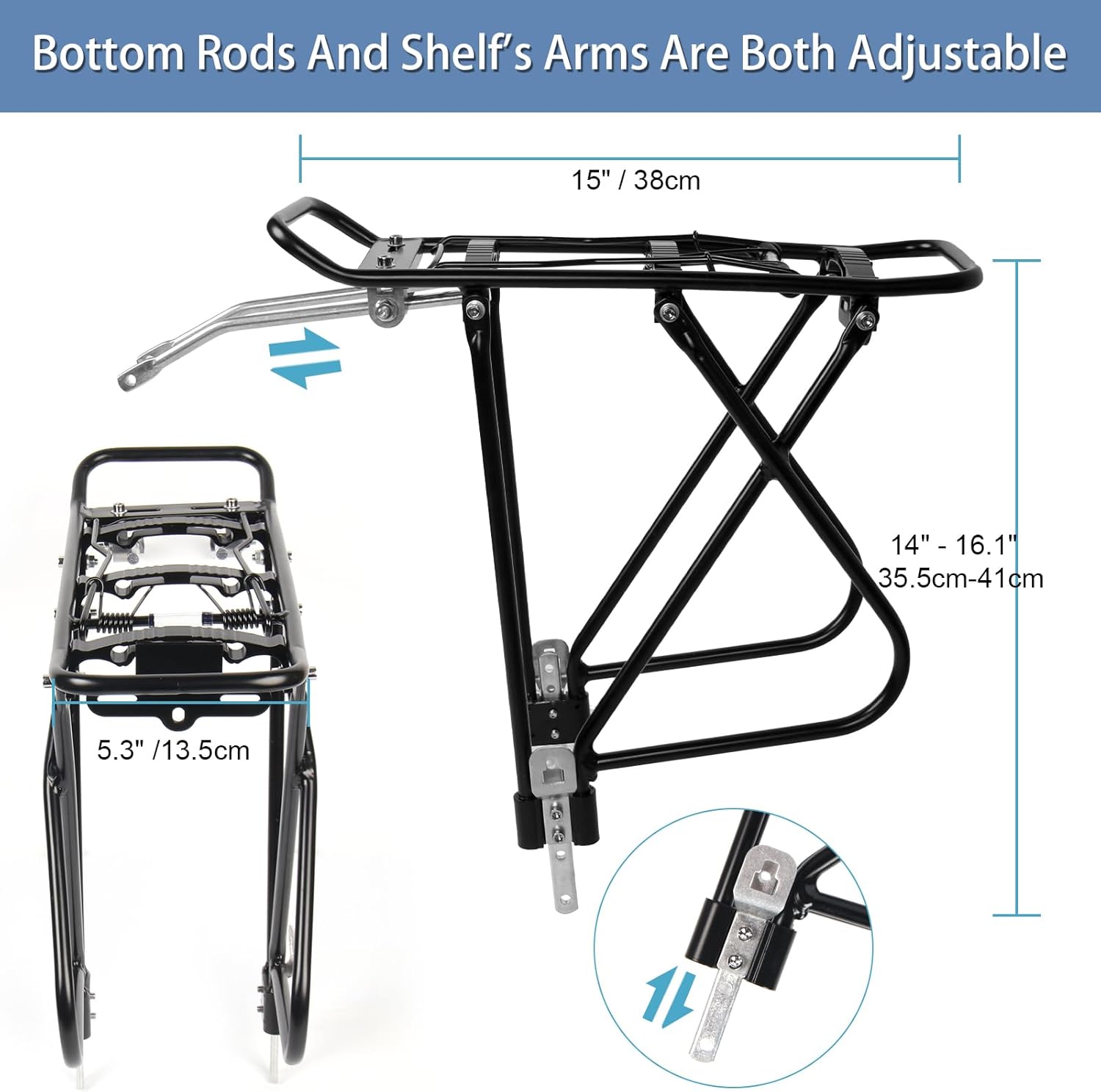 Bike Cargo Rack, Rear Bicycle Rack with Luggage Clip & Cargo Net, Height Adjustable, Fit 24-28”and 700C, 66lbs Capacity Easy to Install