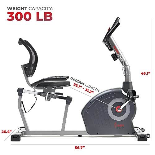 Sunny Health & Fitness Magnetic Recumbent Bike with Optional Exclusive SunnyFit® App Enhanced Bluetooth Connectivity