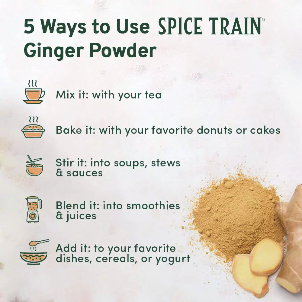 SPICE TRAIN, Organic Ginger Powder (454g/16oz) 100% Raw Ground Ginger Root Powder from India in Resealable Zip Lock Pouch | Active Gingerol, Perfect for Cooking, Baking Gingerbread, Smoothies & Tea