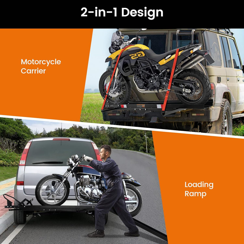 IRONMAX 600LBS Motorcycle Carrier, Heavy Duty Steel Hitch Mount Rack Hauler with Loading Ramp, Wheel Chock & 2 Straps, Anti Tilt Scooter Dirt Bike Carrier for Car Truck SUV RV
