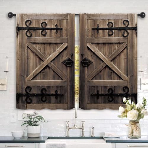 Farmhouse Rustic Animal Kitchen Curtains 27.5W x 39L Inch Country Vintage Barn Door Wood Wooden Cow Donkey Gray Rod Pocket Short Cafe Tier Small Window Treatment Drapes Decor 2 Panels