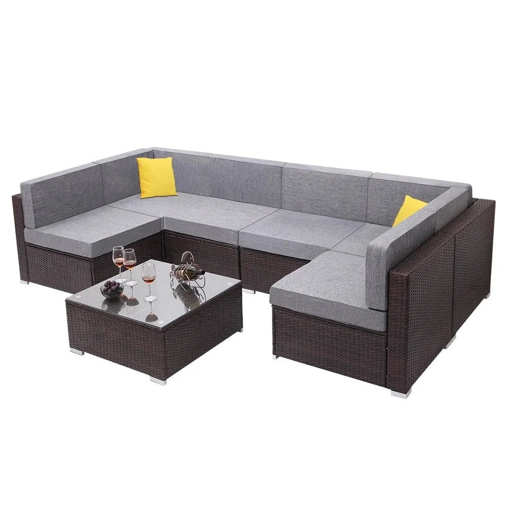 Two Styles US Warehouse 7 Pieces Patio PE Wicker Rattan Corner Sofa Set Patio Furniture  Set for Garden and Outdoors