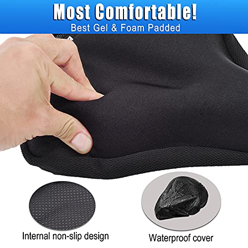 Thick & Wide Gel Bike Seat Cushion Cover Pad with Rainproof Cover - Comfortable Silicone Gel Memory Foam Bicycle Saddle Seat Cushion Cover Pad with UV Protection Waterproof Cover