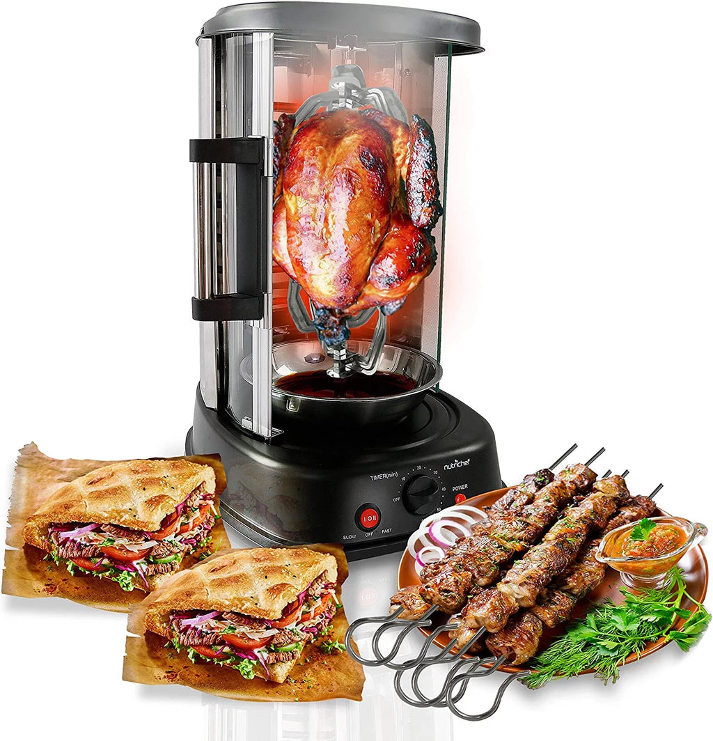 Excellent NutriChef Countertop Vertical Rotating Oven - Rotisserie Shawarma Machine  Kebob Machine  Stain Resistant &amp; Energy Efficient W/ Heat Resistant Door  Includes Kebob Rack with