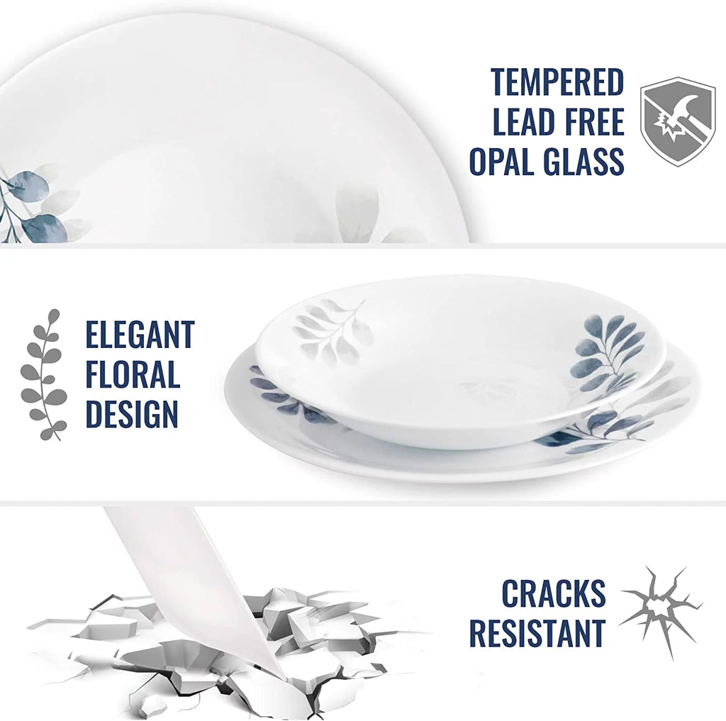 Bormioli Rocco White Moon Botanica Blue, Set Of 6, 10.75" Dinner Plates, Tempered Opal Glass Dishes, Dishwasher & Microwave Safe, Made In Spain.