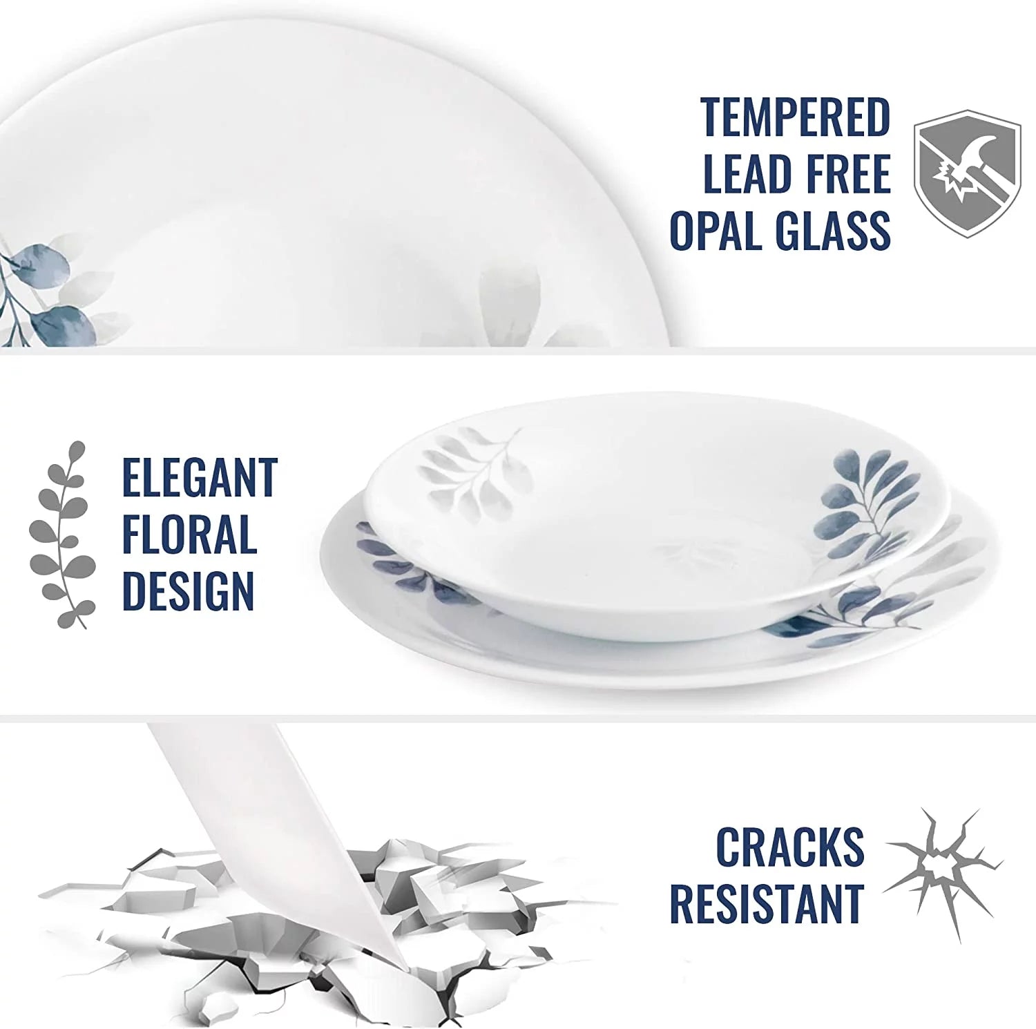 Bormioli Rocco White Moon Botanica Blue, Set Of 6, 10.75" Dinner Plates, Tempered Opal Glass Dishes, Dishwasher & Microwave Safe, Made In Spain.