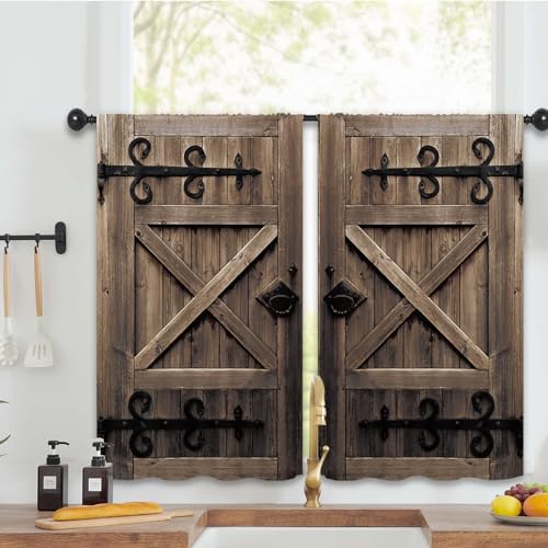 Farmhouse Rustic Animal Kitchen Curtains 27.5W x 39L Inch Country Vintage Barn Door Wood Wooden Cow Donkey Gray Rod Pocket Short Cafe Tier Small Window Treatment Drapes Decor 2 Panels