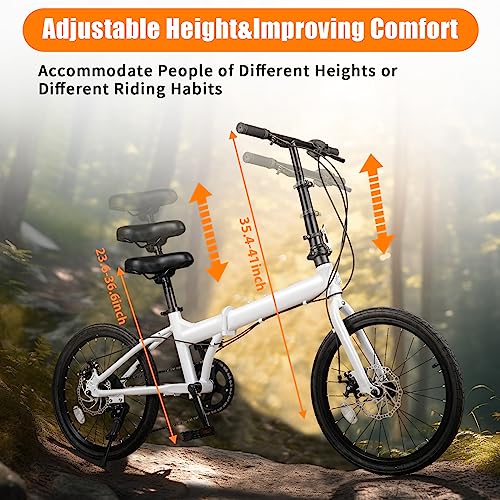 20 Inch Folding Bike, 7 Speed Foldable Bike for Adults, Folding City Bike with Dual Disc, Brakes Compact Light Weight Carbon Steel White Adult Bike
