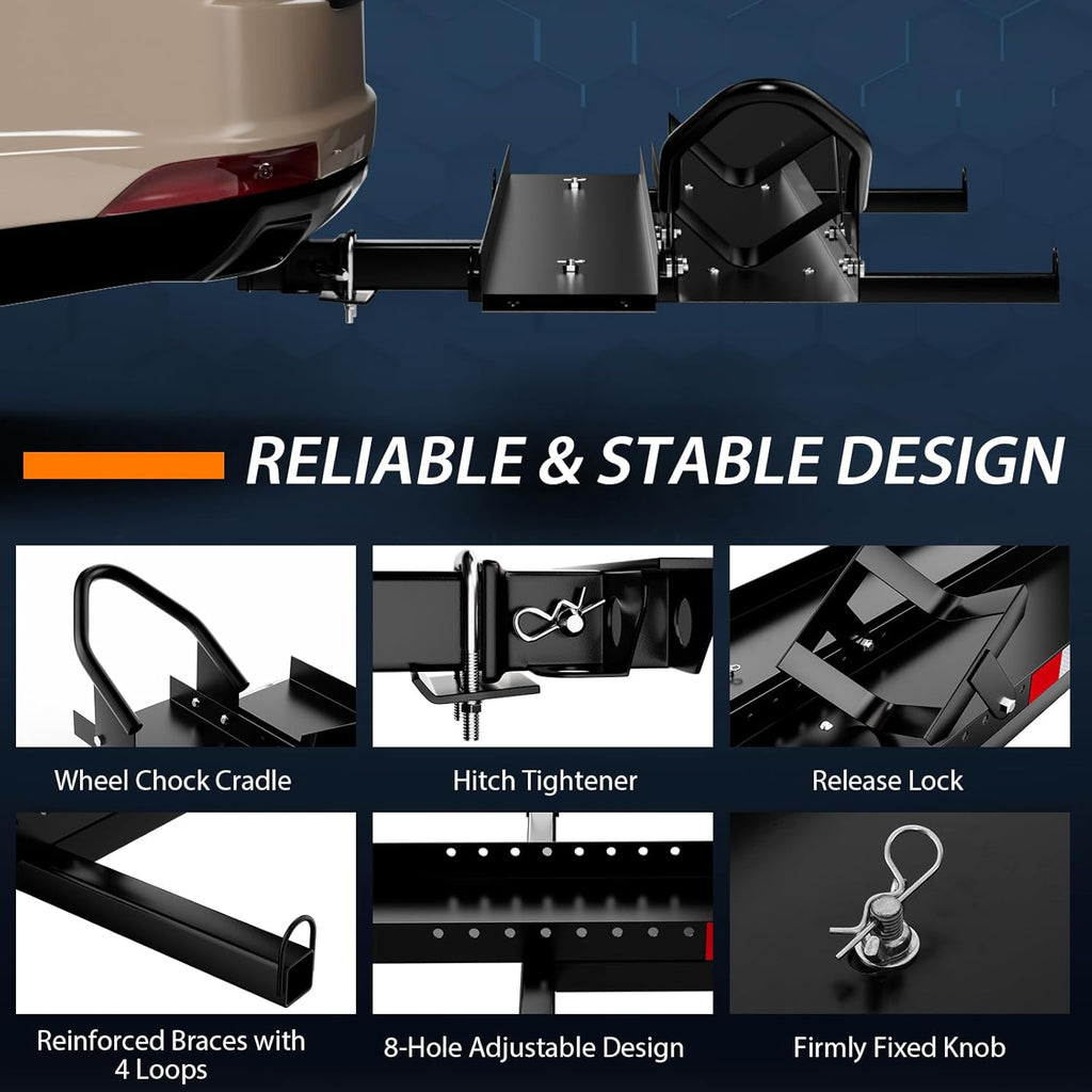 IRONMAX 600LBS Motorcycle Carrier, Heavy Duty Steel Hitch Mount Rack Hauler with Loading Ramp, Wheel Chock & 2 Straps, Anti Tilt Scooter Dirt Bike Carrier for Car Truck SUV RV