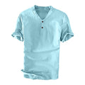 Mens T-Shirts Cotton Linen Casual Short Sleeve Man Relaxed Fit Henley Shirts Button Down Tops Summer Athletic Clothing