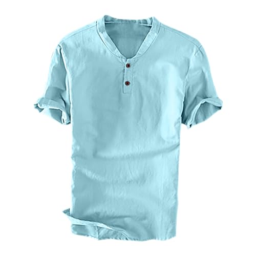 Mens T-Shirts Cotton Linen Casual Short Sleeve Man Relaxed Fit Henley Shirts Button Down Tops Summer Athletic Clothing
