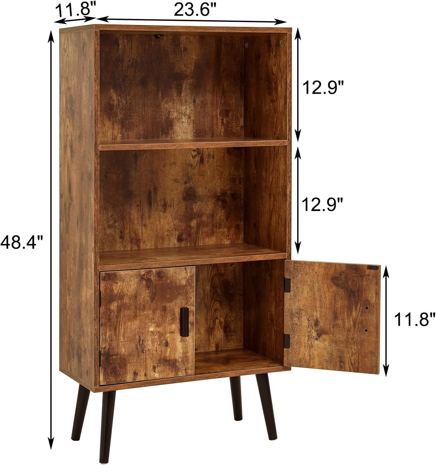 usikey Mid-Century Storage Cabinet with 1 Drawer 2 Doors 3 Shelves & Bookcase Storage Cabinet, Free Standing Cupboard with 4 Legs, Wine Cupboard with Door, for Bedroom Home Office, Rustic Brown