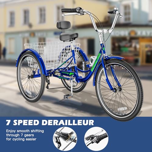 Adult Tricycle 7 Speed 3 Wheel Bike Adult Trikes, Three-Wheeled Bicycles Cruise Trike with Basket for Seniors, Women, Men for Recreation Shopping
