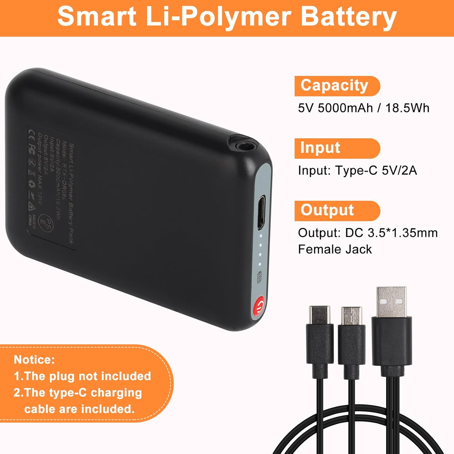 Amiable Upgraded 5V 5000mAh Li-Polymer Rechargeable Batteries, Suitable for Heated Gloves Heated Scarf Heated Socks, Heated Slippers Spare Battery (Black)