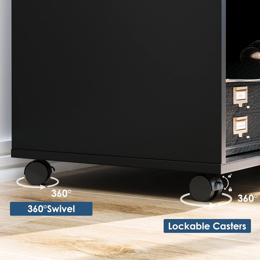 File Cabinet with Drawers and Lock, Wood Lateral Filing Cabinet, Rolling Printer Stand with Open Shelves for Home Office, Black
