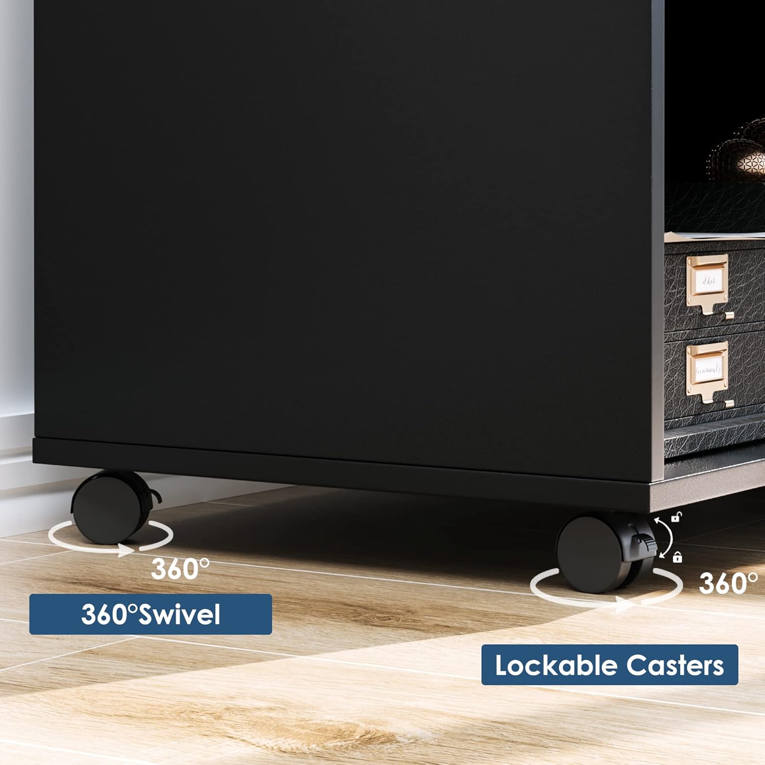 File Cabinet with Drawers and Lock, Wood Lateral Filing Cabinet, Rolling Printer Stand with Open Shelves for Home Office, Black