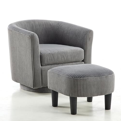 360 Degree Swivel Chair with Ottoman, Modern Upholstered Tufted Barrel Swivel Chair, Corduroy Fabric Accent Chair, Round Armchair Sofa for Living Room Bedroom
