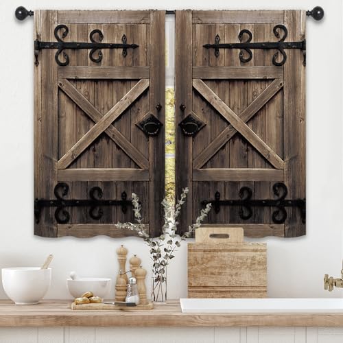 Farmhouse Rustic Animal Kitchen Curtains 27.5W x 39L Inch Country Vintage Barn Door Wood Wooden Cow Donkey Gray Rod Pocket Short Cafe Tier Small Window Treatment Drapes Decor 2 Panels