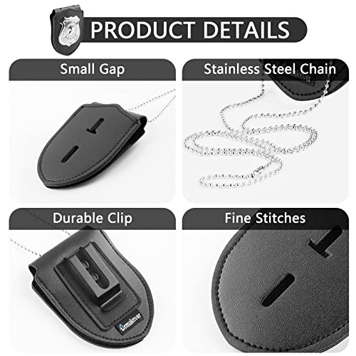 1 Pack Sheriff Badge Shield Holder with Faux Leather Wrapped Heavy Duty Steel Belt Clip with Stainless Steel Necklace, Universal, Black, Deputy Badge Holder, 8x3 inch (1 Pack)