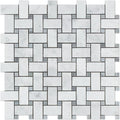 Carrara White Italian (Bianco Carrara) Marble Basketweave Mosaic Tile with Blue & Gray Marble Dots, Honed