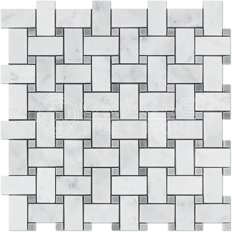 Carrara White Italian (Bianco Carrara) Marble Basketweave Mosaic Tile with Blue & Gray Marble Dots, Honed