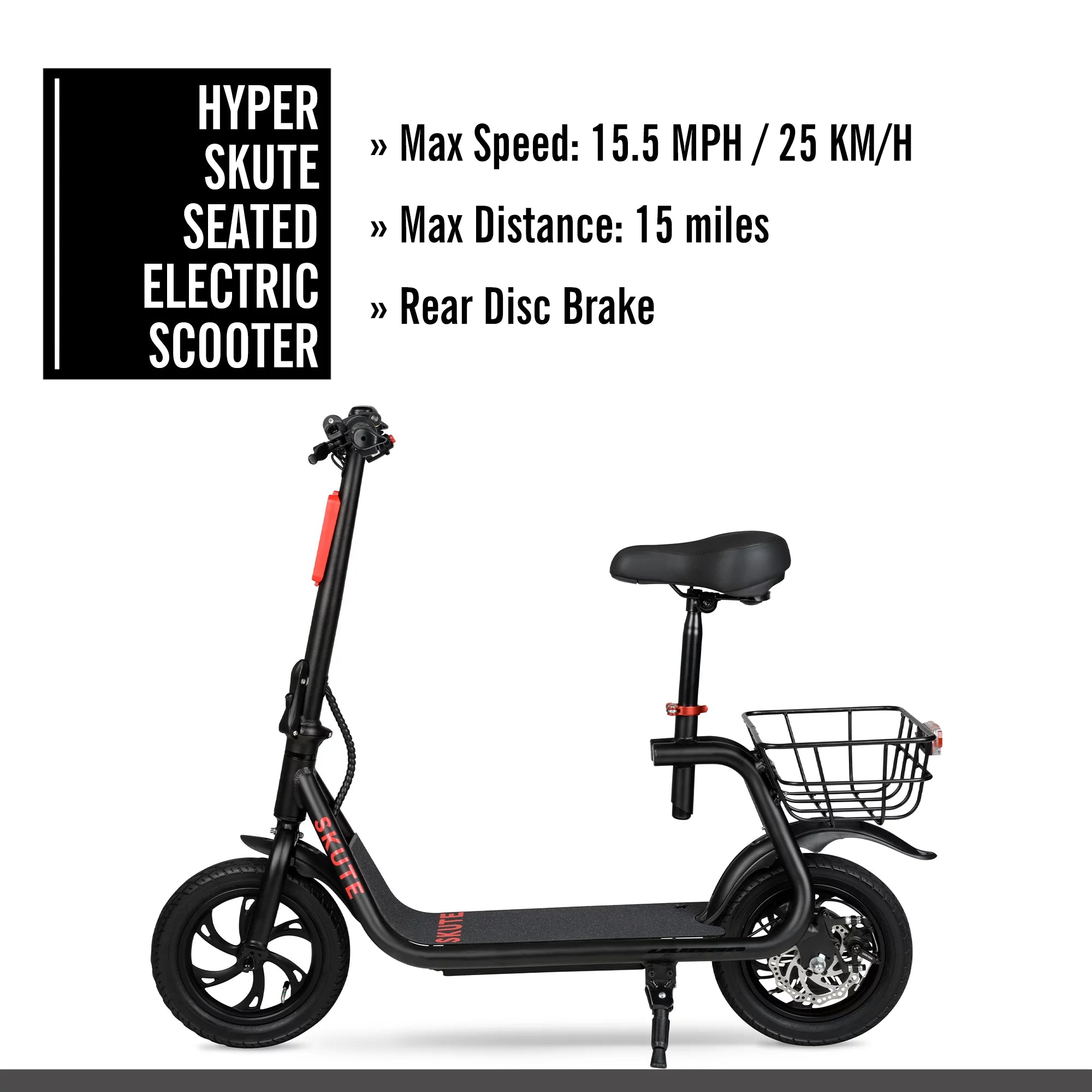 Hyper 36V Skute Commute 12" Seated Electric Scooter with Basket, 250W Motor, 13 Years+, Max Speed 15mph