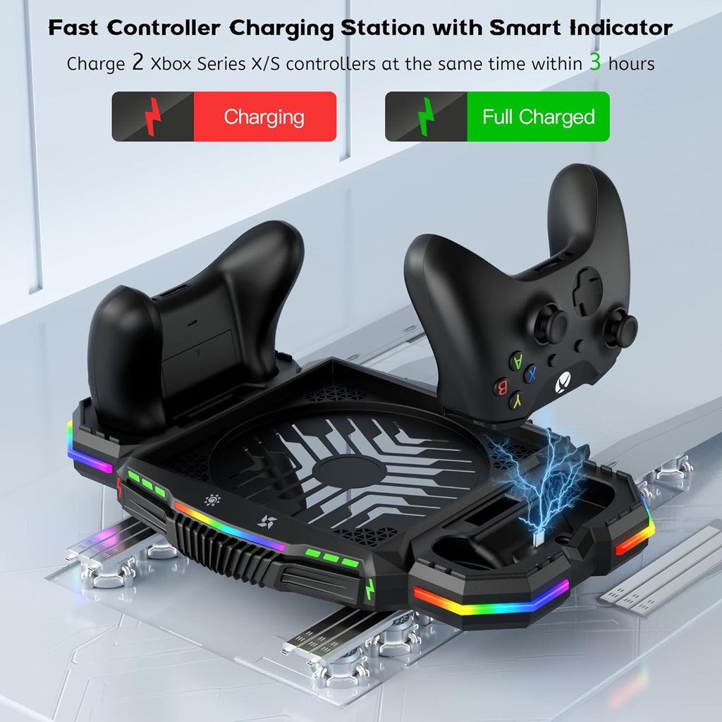 RGB Charging Stand with Cooling Fan for Xbox Series X, Vertical Dual Controller Charger Station Dock & Cooler System with 13 LED Lights, 2 Rechargeable Battery & 3 Accessories Holder for Xbox Series X