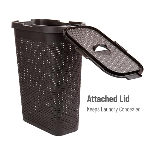 Mind Reader 40L Slim Laundry Hamper, Clothes Basket, Lid, Wicker Design, Plastic, 18"L x 10.4"W x 23.5"H, White