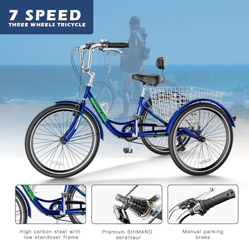 Adult Tricycle 7 Speed 3 Wheel Bike Adult Trikes, Three-Wheeled Bicycles Cruise Trike with Basket for Seniors, Women, Men for Recreation Shopping